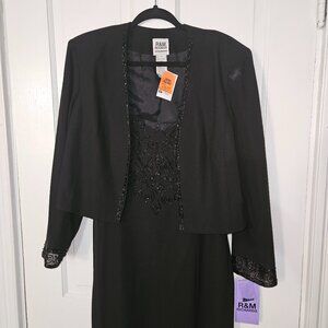 R&M Richards Black Evening Gown 2 Pc Set Jacket w/ Sleeveless Bead embellish